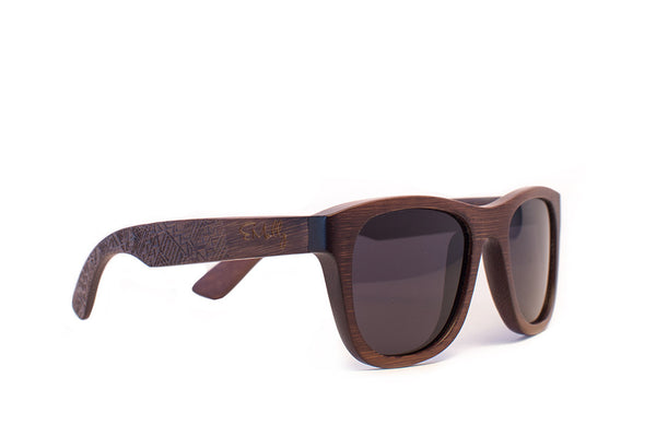 Dark Brown Bamboo Wood Wayfarers with Tribal Pattern on Arms and Dark Polarized Lenses