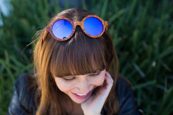 Women's Vintage Peacock Candy Wood Round with Reflective Blue Polarized Lenses