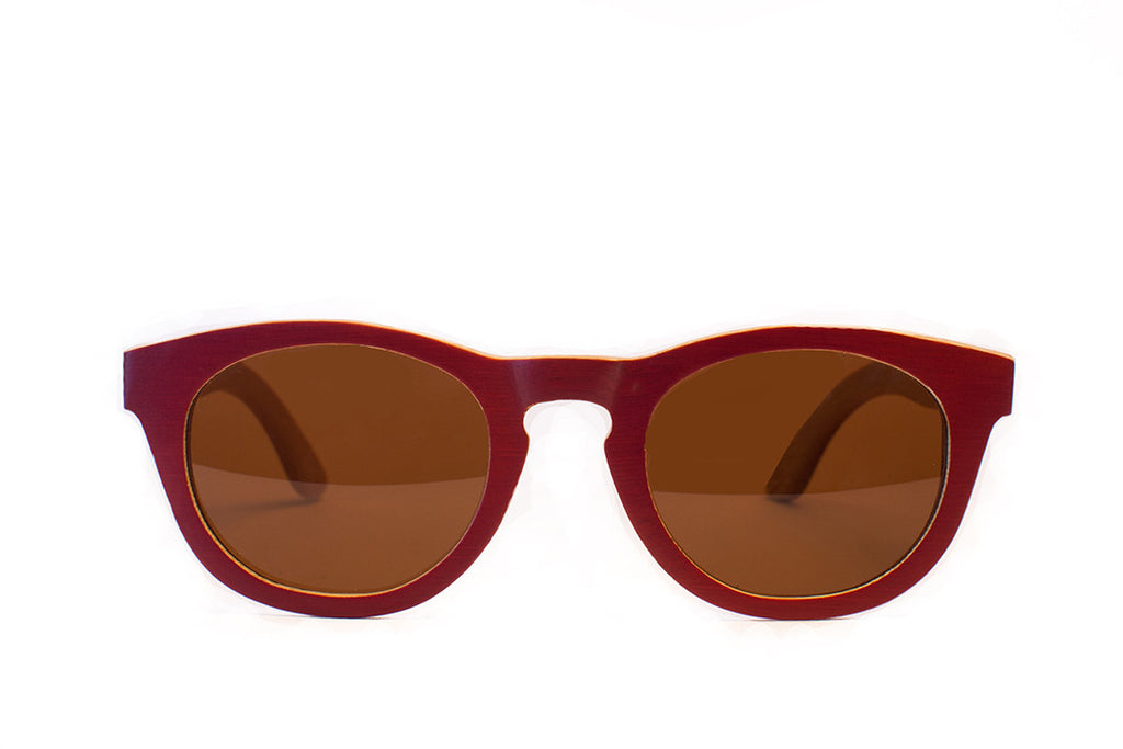 Women's Retro Round Red Bamboo Wood Frames with Dark Polarized Lenses