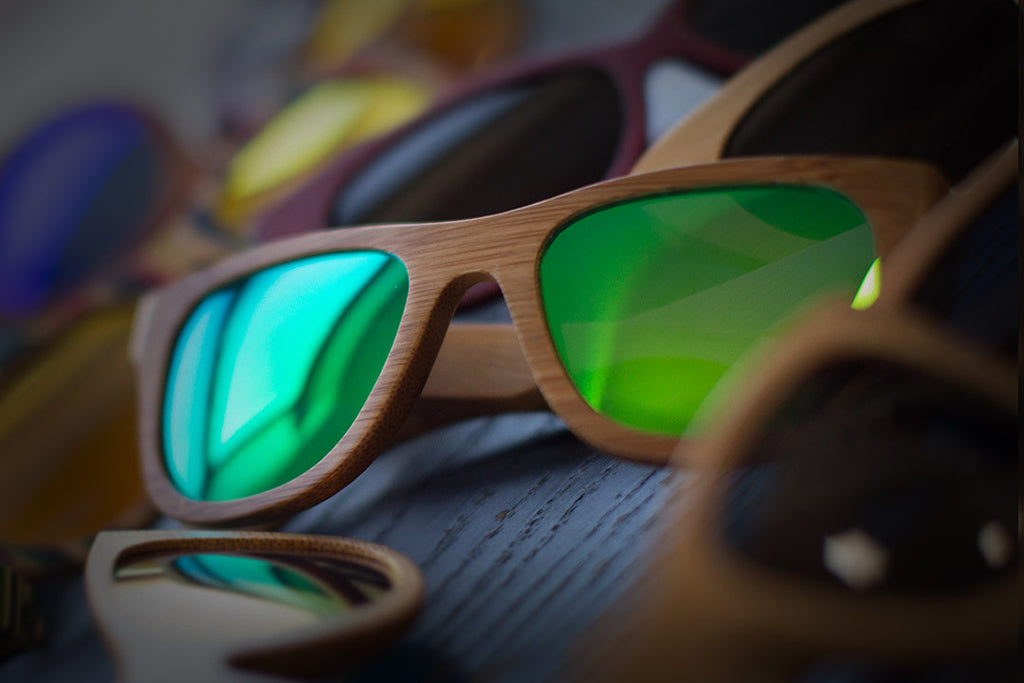 Light Bamboo Wood Wayfarers with Reflective Green Polarized Lenses