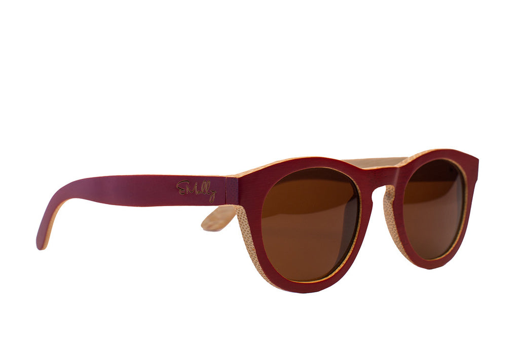 Women's Retro Round Red Bamboo Wood Frames with Dark Polarized Lenses