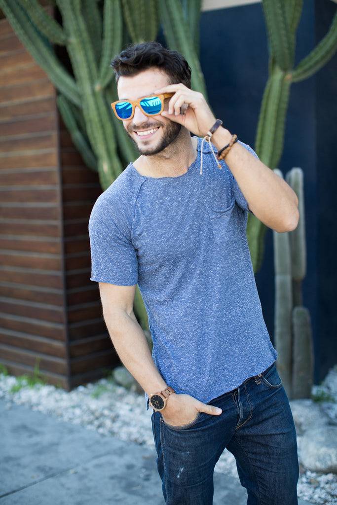 Light Bamboo Wood Wayfarers with Reflective Blue Polarized Lenses