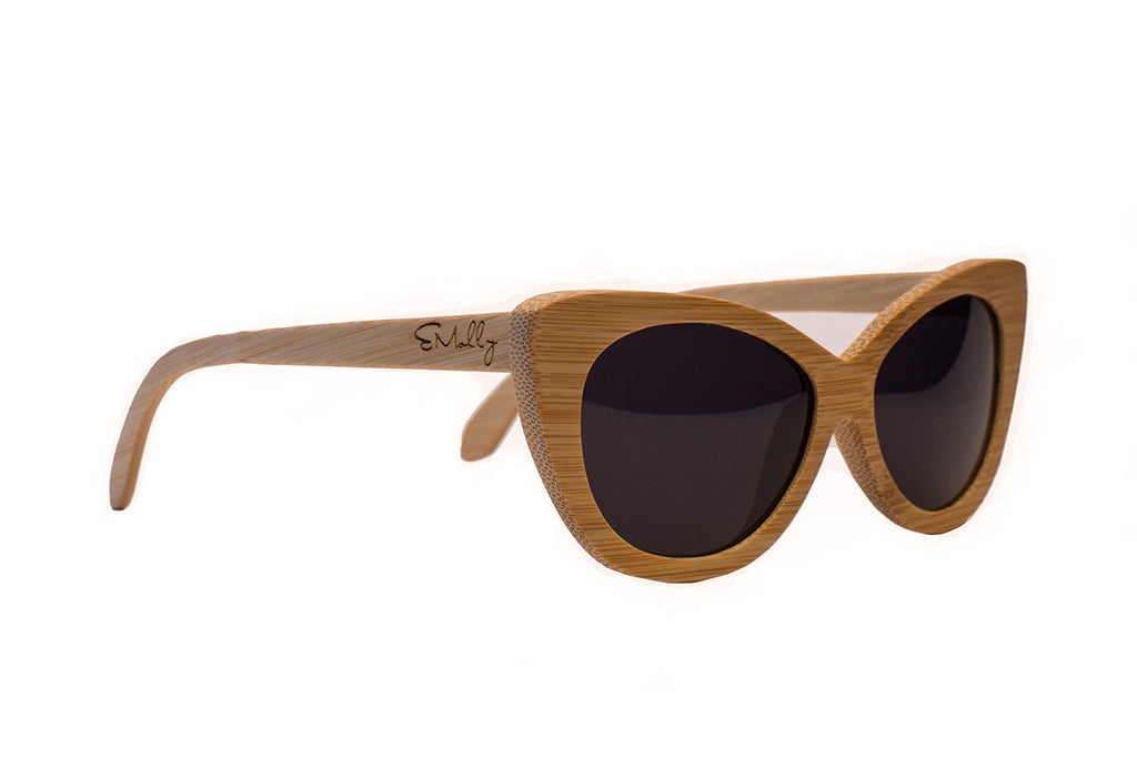 Light Bamboo Wood Cat Eyes with Dark Polarized Lenses