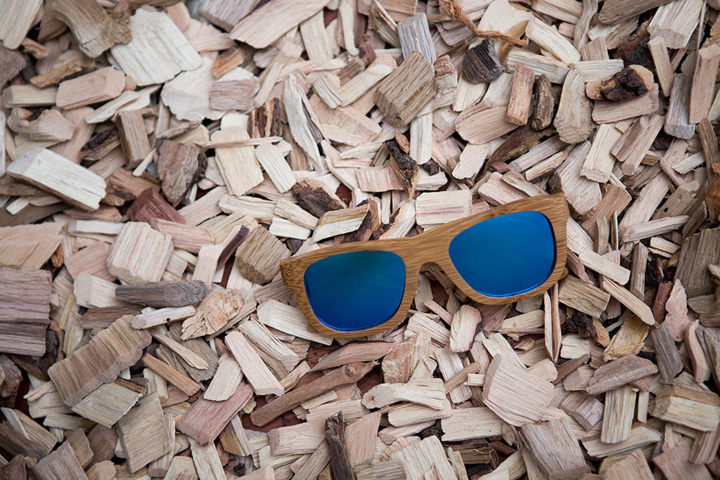 Light Bamboo Wood Wayfarers with Reflective Blue Polarized Lenses