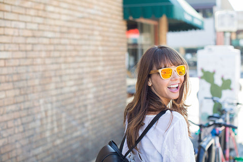 Light Bamboo Wayfarers with Reflective Orange-Yellow Polarized Lenses