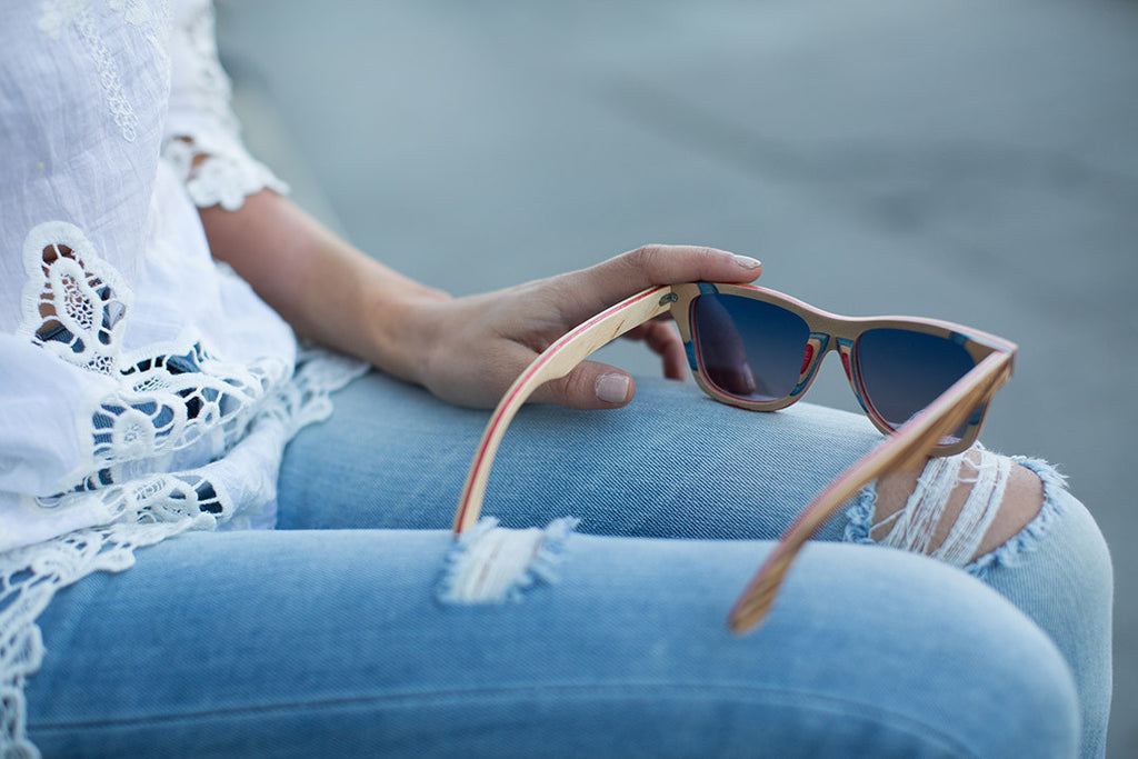 Zebra Style Skateboard Wood with Reflective Blue Gradient Polarized Lenses