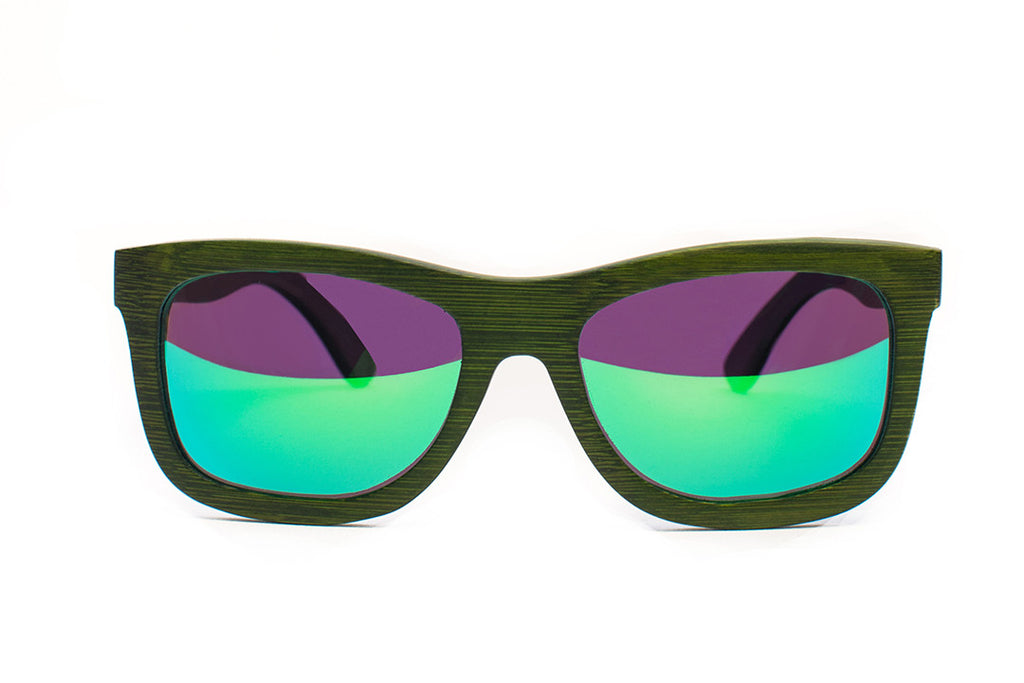 Green Bamboo Wood Wayfarers with Reflective Blue-Green Polarized Lenses