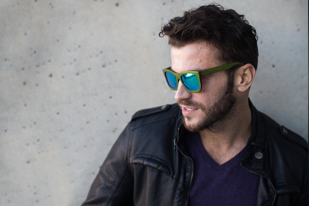 Green Bamboo Wood Wayfarers with Reflective Blue-Green Polarized Lenses