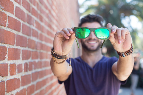 Green Bamboo Wood Wayfarers with Reflective Blue-Green Polarized Lenses