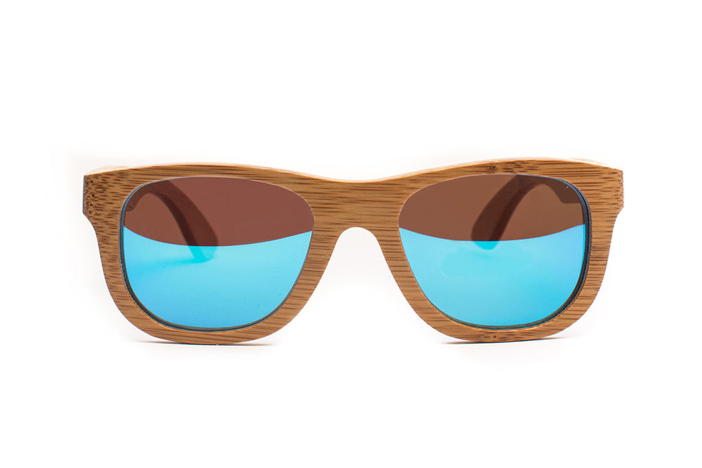 Light Bamboo Wood Wayfarers with Reflective Blue Polarized Lenses