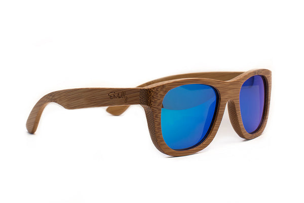 Light Bamboo Wood Wayfarers with Reflective Blue Polarized Lenses