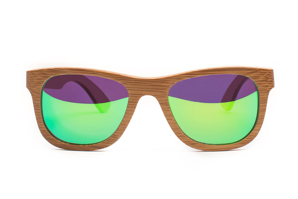 Light Bamboo Wood Wayfarers with Reflective Green Polarized Lenses