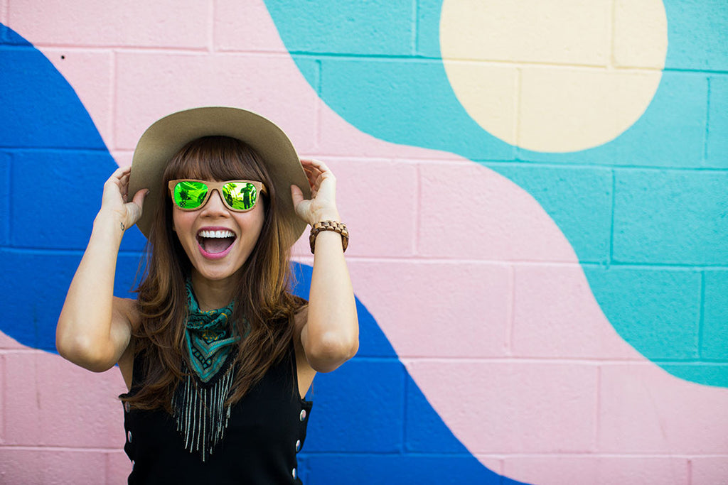 Light Bamboo Wood Wayfarers with Reflective Green Polarized Lenses