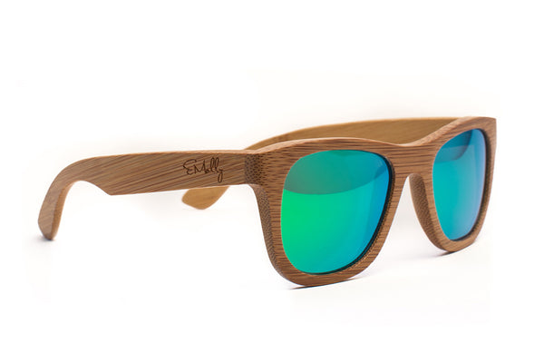 Light Bamboo Wood Wayfarers with Reflective Green Polarized Lenses
