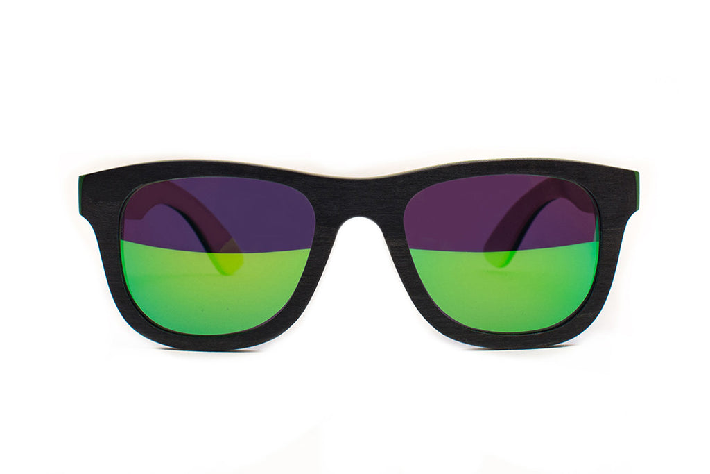 Black Skateboard Wood with Green Side Details and Reflective Green Polarized Lenses