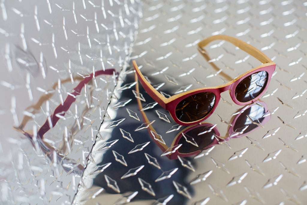 Women's Retro Round Red Bamboo Wood Frames with Dark Polarized Lenses