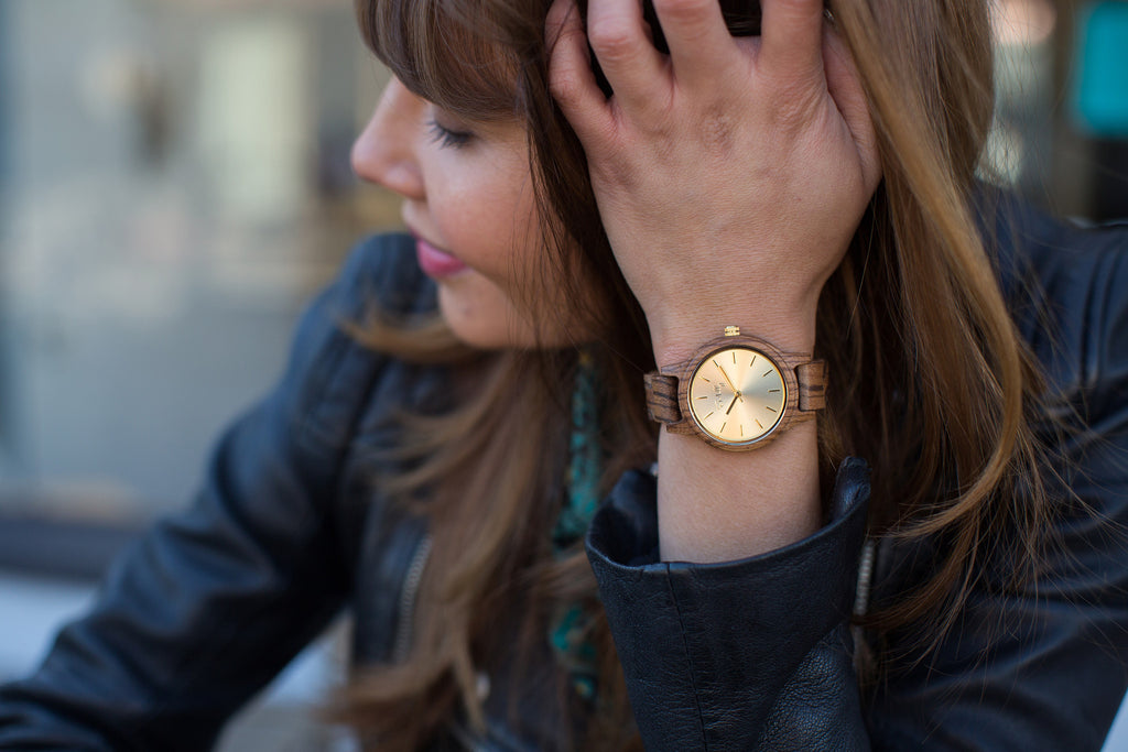His & Her Set: Zebra Wood Watches with Champagne Dials