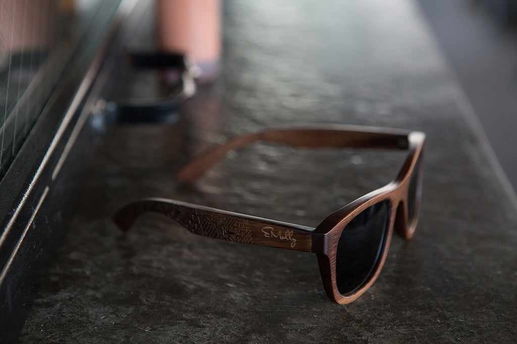 Dark Brown Bamboo Wood Wayfarers with Tribal Pattern on Arms and Dark Polarized Lenses