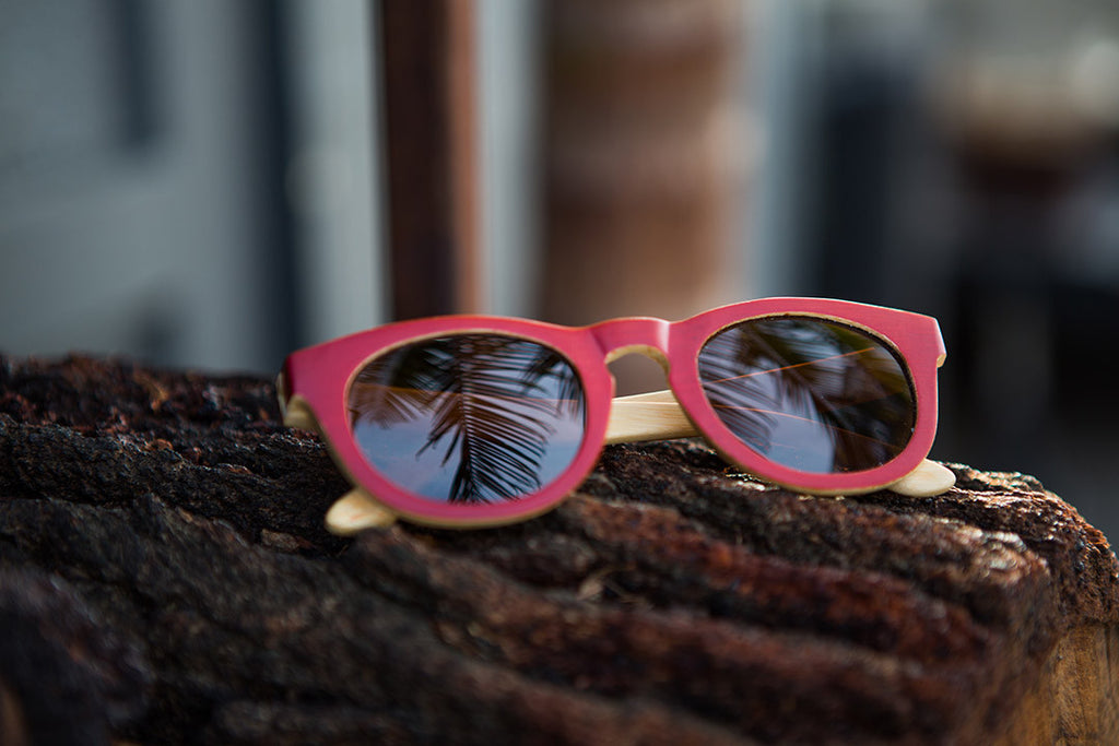 Women's Retro Round Red Bamboo Wood Frames with Dark Polarized Lenses