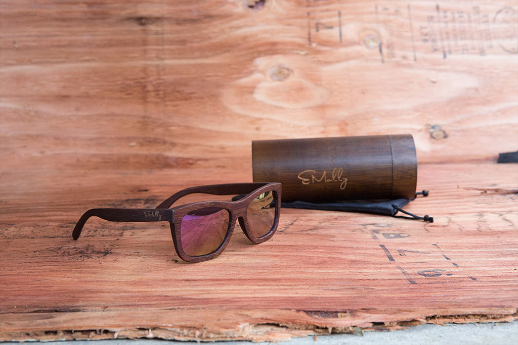 Brown Bamboo Wood Wayfarers with Reflective Purple Polarized Lenses